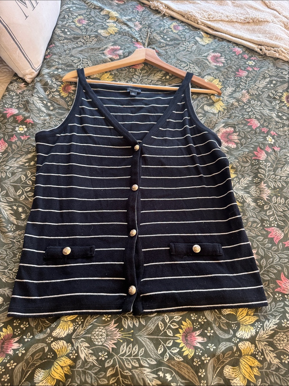 Ann Taylor Navy and White Striped Button Front Tank - Picture 1 of 4